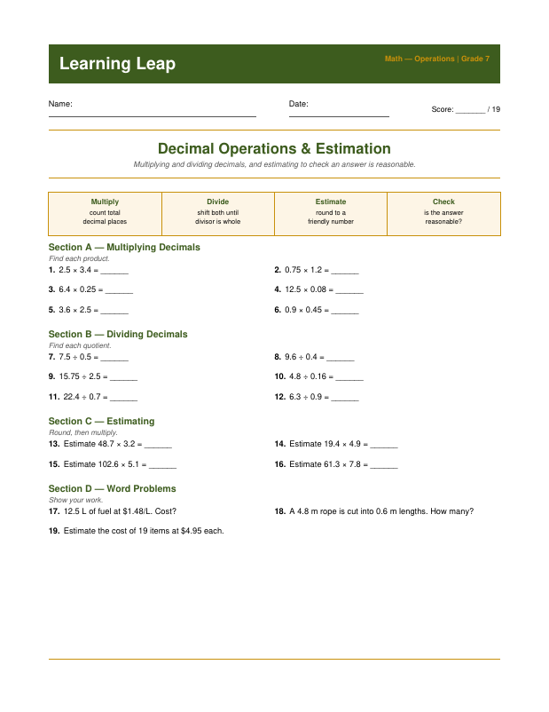 Decimal Operations & Estimation — free Grade 7 math worksheet preview